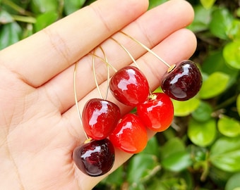 Cherry Dangle Earrings, Red Cherry Fruit Earrings, Handmade Cute Cherry Food, Unique Cherry Earrings