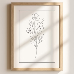 Flor de arte lineal minimalista PNG / Ilustración floral dibujada a mano / Clipart botánico negro para pared e imprimibles / Fondo transparente