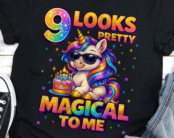Camiseta para menina de 9 anos, roupa de aniversário de unicórnio, camiseta para menina de 9 anos, camiseta de unicórnio fazendo dab, camiseta para festa de aniversário, presente divertido, blusa de unicórnio