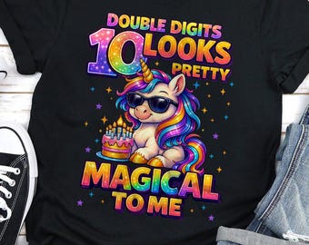 Camiseta para menina de 10 anos, roupa de aniversário de unicórnio, camiseta para menina de 10 anos, camiseta mágica e linda, camiseta de dois dígitos, presente divertido, blusa de unicórnio