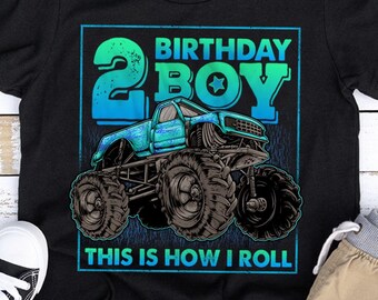 Camiseta de aniversário de 2 anos para menino, roupa de aniversário com tema de caminhão monstro, camiseta para menino de 2 anos, camiseta de aniversário com tema de caminhão, camiseta "This Is How I Roll", roupa de aniversário para menino