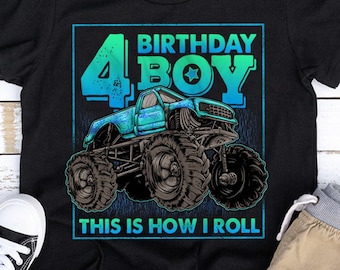 Camiseta de aniversário de 4 anos para menino, roupa de aniversário com tema de caminhão monstro, camiseta para menino de 4 anos, camiseta de aniversário com tema de caminhão, camiseta "This Is How I Roll", roupa para festa