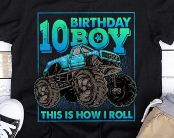Camiseta de aniversário de 10 anos para menino, roupa de aniversário com tema de caminhão monstro, camiseta para menino de 10 anos, camiseta de aniversário com tema de caminhão, camiseta com dois dígitos, presente legal