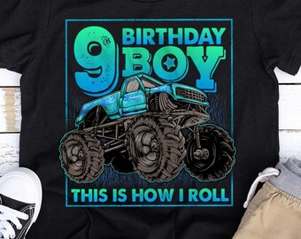 Camiseta de aniversário para menino de 9 anos, roupa de aniversário com tema de caminhão monstro, camiseta para menino de 9 anos, camiseta de aniversário com tema de caminhão, camiseta "This Is How I Roll", presente legal