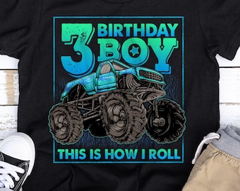 Camiseta de aniversário de 3 anos para menino, roupa de aniversário com tema de caminhão monstro, camiseta para menino de 3 anos, camiseta de aniversário com tema de caminhão, camiseta "This Is How I Roll", camiseta infantil.