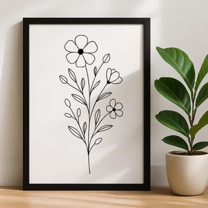 Arte lineal de flores silvestres PNG / Ilustración floral minimalista / Dibujo botánico negro para impresiones de arte mural / Fondo transparente