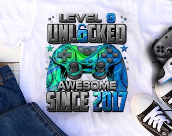 Maglietta sbloccata livello 9, maglietta per il 9° compleanno del giocatore, per il festeggiato di 9 anni, maglietta di compleanno 9, maglietta fantastica dal 2017 per giocatori