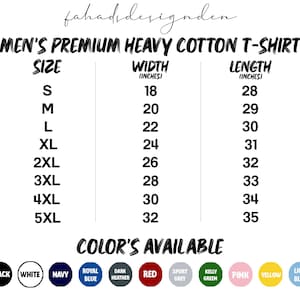Pu&ograve; includere: Tabella delle taglie per una t-shirt da uomo in cotone pesante premium, taglie dalla S alla 5XL. La tabella elenca le misure di larghezza e lunghezza in pollici, da 45.7 cm a 81.3 cm di larghezza e da 71.1 cm a 88.9 cm di lunghezza. I colori disponibili includono nero, bianco, blu navy e rosso.