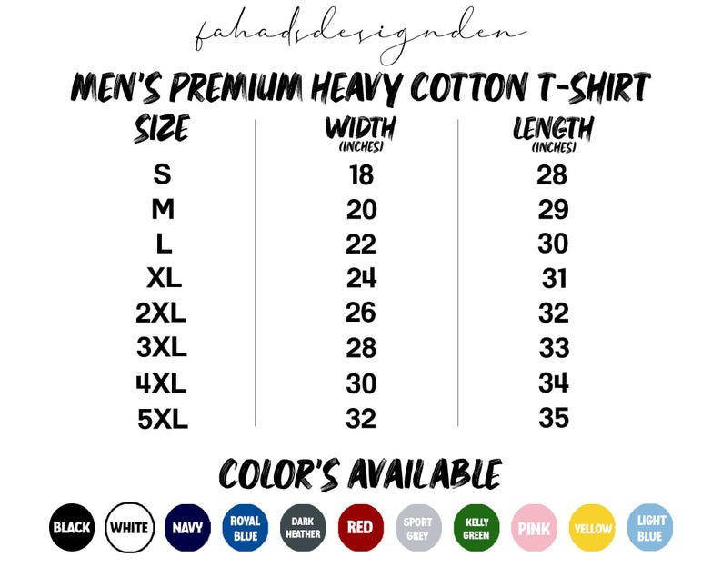 Pu&ograve; includere: Tabella delle taglie per una t-shirt da uomo in cotone pesante premium, taglie dalla S alla 5XL. La tabella elenca le misure di larghezza e lunghezza in pollici, da 45.7 cm a 81.3 cm di larghezza e da 71.1 cm a 88.9 cm di lunghezza. I colori disponibili includono nero, bianco, blu navy e rosso.