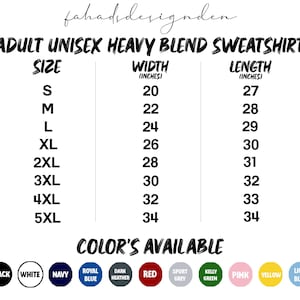 Pu&ograve; includere: Grafica bianca che mostra le opzioni di taglia e colore per una felpa unisex da adulto in misto pesante. Le taglie vanno dalla S alla 5XL, con larghezze da 50.8 a 86.4 cm e lunghezze da 68.6 a 86.4 cm. I colori disponibili sono nero, bianco, blu navy, blu reale, grigio scuro, rosso, grigio sport, verde kelly, rosa, giallo e azzurro.