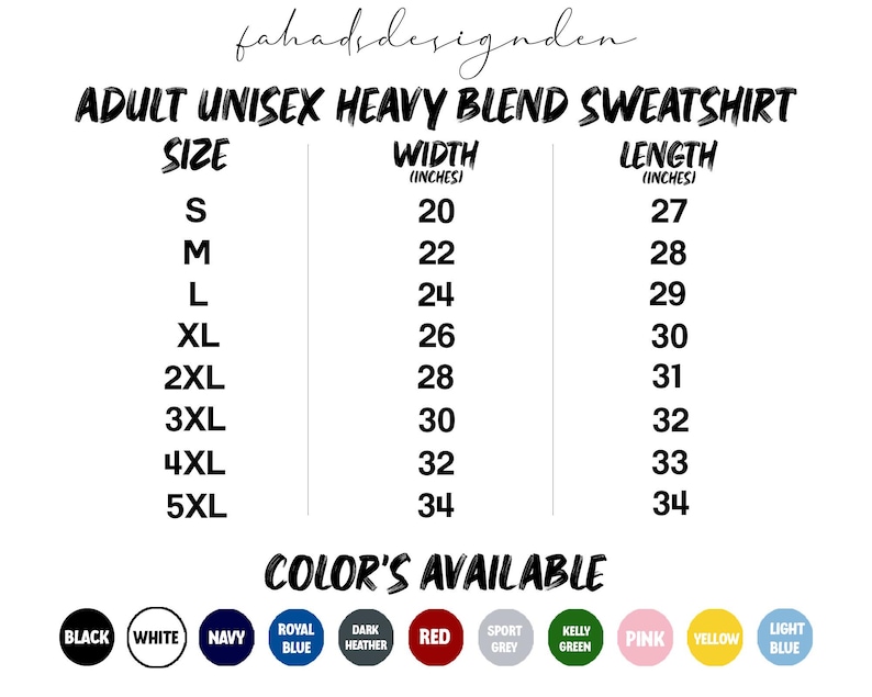Pu&ograve; includere: Grafica bianca che mostra le opzioni di taglia e colore per una felpa unisex da adulto in misto pesante. Le taglie vanno dalla S alla 5XL, con larghezze da 50.8 a 86.4 cm e lunghezze da 68.6 a 86.4 cm. I colori disponibili sono nero, bianco, blu navy, blu reale, grigio scuro, rosso, grigio sport, verde kelly, rosa, giallo e azzurro.