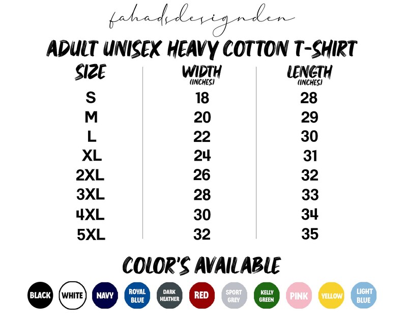Pu&ograve; includere: Un grafico delle taglie per una t-shirt unisex in cotone pesante per adulti su sfondo bianco. Il grafico elenca le taglie dalla S alla 5XL, con le corrispondenti misure di larghezza e lunghezza in pollici. I colori disponibili includono nero, bianco, blu navy e altri.