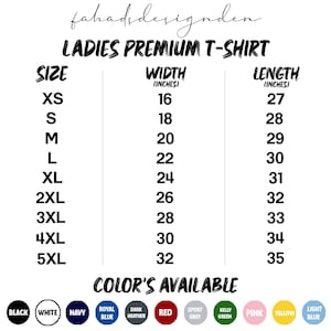 Pu&ograve; includere: Tabella delle taglie per T-shirt Ladies Premium, che mostra larghezza e lunghezza in pollici. Le taglie vanno da XS a 5XL, con larghezze da 16 a 32 pollici e lunghezze da 27 a 35 pollici. Colori disponibili.