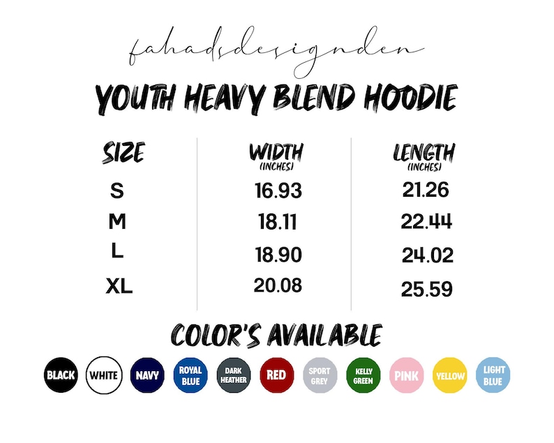 Pu&ograve; includere: Grafica bianca che mostra le opzioni di taglia e colore per una felpa con cappuccio Youth Heavy Blend. La tabella delle taglie include le misure di larghezza e lunghezza in pollici. I colori disponibili includono nero, bianco, blu navy, blu reale, grigio scuro, rosso, grigio sportivo, verde kelly, rosa, giallo e azzurro.