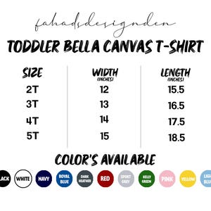 Pu&ograve; includere: Grafica bianca che mostra le opzioni di taglia e colore per una t-shirt Bella Canvas per bambini piccoli. La tabella delle taglie elenca le taglie da 2T a 5T, con le relative misure di larghezza e lunghezza in pollici. I colori disponibili includono nero, bianco, blu navy e altri.
