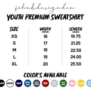 Pu&ograve; includere: Tabella delle taglie per una felpa premium da ragazzo, con misure in pollici. Le taglie vanno da XS a XL, con larghezze da 40.6 cm a 50.8 cm e lunghezze da 50.2 cm a 64.8 cm. Colori disponibili: nero, bianco, blu navy e altro.