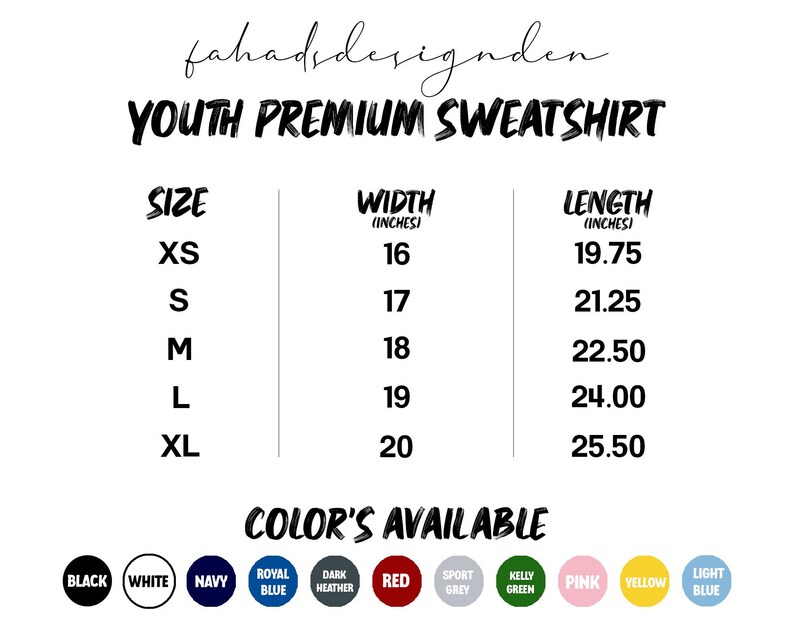 Pu&ograve; includere: Tabella delle taglie per una felpa premium da ragazzo, con misure in pollici. Le taglie vanno da XS a XL, con larghezze da 40.6 cm a 50.8 cm e lunghezze da 50.2 cm a 64.8 cm. Colori disponibili: nero, bianco, blu navy e altro.