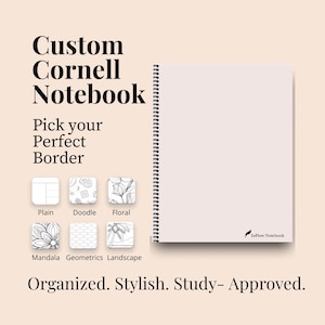 May include: A spiral-bound Cornell notebook with a light beige cover featuring the text InFlow Notebook. The image displays text Custom Cornell Notebook, Pick your Perfect Border, and six border options: Plain, Doodle, Floral, Mandala, Geometrics, and Landscape.