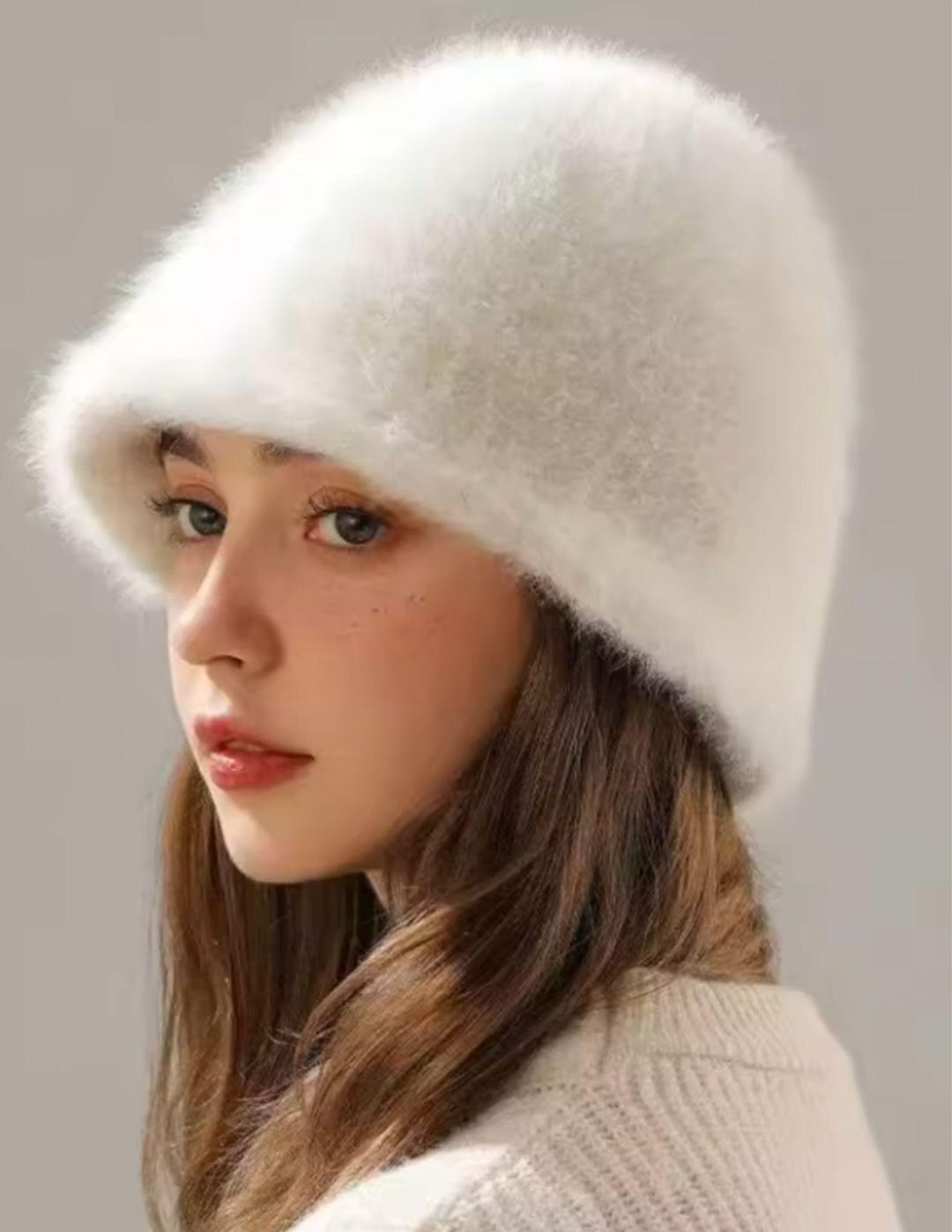 PLUSH WARM HAT IN GRAY RABBIT FUR WITH FOX EARS 439586