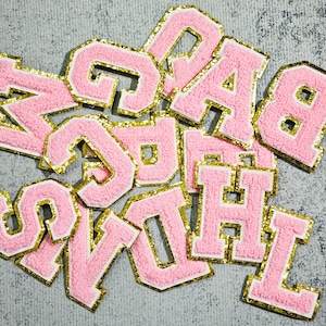 Pink Chenille Letter Patch – A-Z Fuzzy Alphabet Iron-On Appliques with Gold Trim for Jackets, Backpacks & Custom DIY Projects