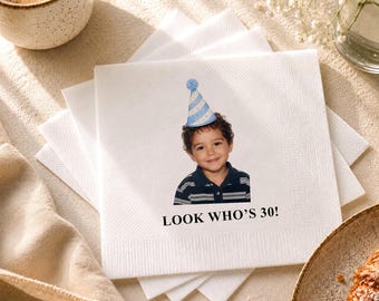 Personalized 30th Birthday Napkins with Photo, Look Who's 30 Birthday, Custom Cocktail Napkins with Text, Funny Face Birthday Party Favors