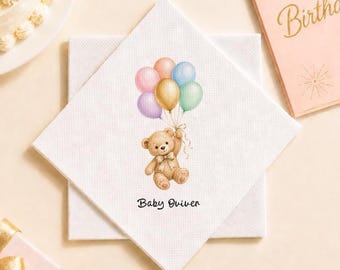Benutzerdefinierte niedliche Babybär Cocktailservietten, Geburtstagskind-Party, personalisierter Name & Alter, Party Favor Tischdekoration, Kinderpartyzubehör