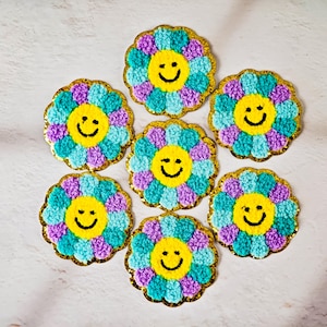 Écusson en chenille smiley fleur, appliqué de paillettes floues, écusson mignon pour vêtements d&#39;enfants, sacs, vestes, travaux manuels de couture, décoration rétro amusante