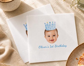 Serviettes personnalisées visage 1er anniversaire de bébé, serviettes de table cocktail personnalisées pour baby shower avec texte, décoration de fête premier anniversaire, serviette de table bébé fille garçon