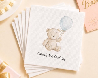 Serviettes de baby shower personnalisées ours en peluche, fête d'anniversaire de garçon, fête d'âge personnalisée pour enfants, articles de fête d'enfants, design aquarelle mignon