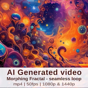 Peut inclure: Vidéo générée par IA avec un design fractal en transformation. L'œuvre présente un mélange vibrant de teintes orange, violet et bleu, avec des motifs tourbillonnants et des formes célestes. La vidéo est une boucle continue, disponible en résolutions 1080p et 1440p.