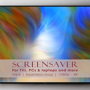 May include: A flat-screen TV displays a vibrant, abstract screensaver. The artwork features swirling patterns of blue, yellow, and orange. Text at the bottom reads "SCREENSAVER" and specifies compatibility with TVs, PCs, and laptops.