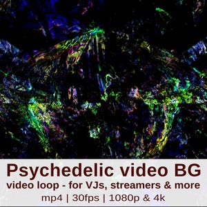 Op de afbeelding: Abstracte psychedelische video-achtergrond met een kleurrijk, gestructureerd ontwerp. De afbeelding toont een mix van blauw, groen en paars, met de tekst "Psychedelic video BG" en details over de videoloop, waaronder "mp4 | 30fps | 1080p & 4k".
