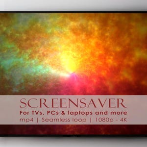 May include: A flat-screen TV displaying a vibrant, colorful screensaver. The image features a dynamic blend of orange, yellow, green, and pink hues, creating an abstract, nebula-like effect. Text at the bottom reads "SCREENSAVER" and specifies compatibility with TVs, PCs, and laptops.