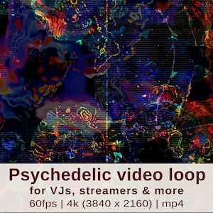 Könnte beinhalten: Abstrakte psychedelische Videoschleife mit leuchtenden Farben und wirbelnden Mustern. Das Bild zeigt eine Mischung aus Blau, Rot und Gelb, mit dem Text "Psychedelic video loop" und Details für VJs, Streamer und mehr.