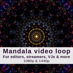 May include: A colorful mandala video loop with a symmetrical design in shades of blue, red, and yellow. The text "Mandala video loop" is displayed on a white banner, along with the text "For editors, streamers, VJs & more 1080p & 1440p".
