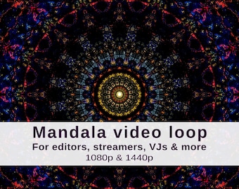 May include: A colourful, symmetrical mandala pattern in blues, reds, and yellows on a dark backdrop. Text overlay states "Mandala video loop" and "For editors, streamers, VJs & more 1080p & 1440p".