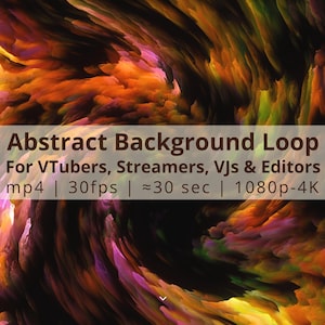 May include: Abstract background loop video for VTubers, streamers, VJs, and editors. The video is 30 seconds long, 30fps, and in 1080p-4K resolution. The background is a swirling mix of orange, yellow, purple, and green.