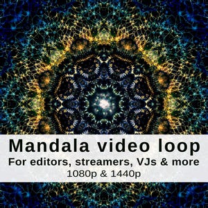 Könnte beinhalten: Digitales Kunstbild mit einem lebendigen Mandala-Design in Blau-, Gold- und Grüntönen. Der Text "Mandala video loop" wird auf einem weißen Banner zusammen mit dem Text "For editors, streamers, VJs & more 1080p & 1440p" angezeigt.