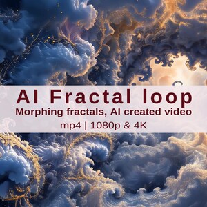 May include: An abstract digital artwork featuring swirling clouds in shades of blue, gold, and white. The image has the text "AI Fractal loop" and "Morphing fractals, AI created video mp4 | 1080p & 4K" across the center.