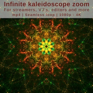 May include: A colorful kaleidoscope pattern with a green, yellow, and red color scheme. The pattern is symmetrical and has a star-like shape in the center. The background is black.