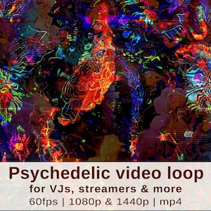Op de afbeelding: Een levendige, psychedelische videoloop met wervelende patronen in rood, blauw, groen en geel. De tekst onderaan luidt "Psychedelic video loop for VJs, streamers & more 60fps | 1080p & 1440p | mp4."