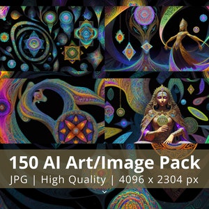 May include: A collage of 150 AI-generated images in a vibrant colour palette of blues, greens, yellows, and oranges. The images feature intricate patterns, geometric shapes, and mystical figures. The text "150 AI Art/Image Pack JPG | High Quality | 4096 x 2304 px" is displayed at the bottom of the collage.