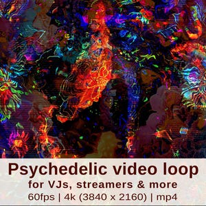 Op de afbeelding: Een levendige, psychedelische videoloop met een wervelende mix van kleuren, waaronder rood, blauw, groen en geel. De afbeelding toont abstracte vormen en patronen, met de tekst "Psychedelic video loop for VJs, streamers & more".