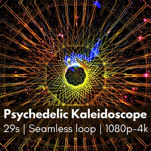 Trippy Kaleidoscope video, 2D looping Energetic psychedelic Background Animation, Live VJ loop Festival visuals, seamless loop up to 4k