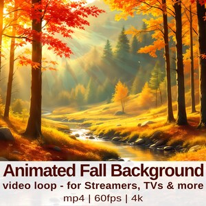 May include: An animated fall background video loop depicting a forest with autumnal colours. The image shows tall trees with red and orange leaves, a stream, and sunlight. Text at the bottom reads "Animated Fall Background" and details about the video loop.