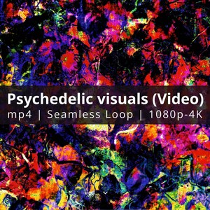 Pode incluir: Visuais psicodélicos (Vídeo) mp4 | Loop sem costuras | 1080p-4K. Fundo abstrato com cores giratórias de vermelho, rosa, roxo, azul, verde, amarelo e preto.