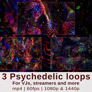 3 VJ loops Video Pack · Psychedelic Animated Backgrounds  · Abstract Stream VTuber Background Bundle · Trippy Frame TV Art · 1080p mp4