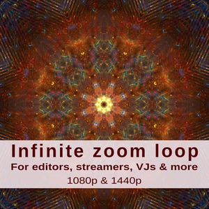 May include: A digital art image with a kaleidoscope effect. The image features a complex pattern of orange, blue, and yellow hues. Text at the bottom reads "Infinite zoom loop" and "For editors, streamers, VJs & more 1080p & 1440p".