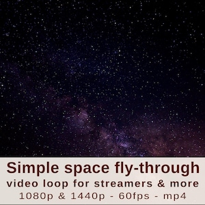 May include: A digital video loop showing a simple space fly-through, ideal for streamers. The background is dark and filled with stars. The video is available in 1080p and 1440p resolution at 60fps, in mp4 format.
