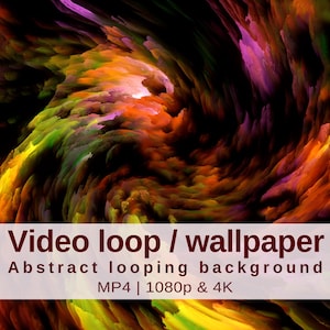 May include: Abstract looping background video loop with swirling colors of orange, yellow, green, and purple. The text "Video loop / wallpaper" and "Abstract looping background" are displayed on a white banner. The video is available in MP4, 1080p & 4K.